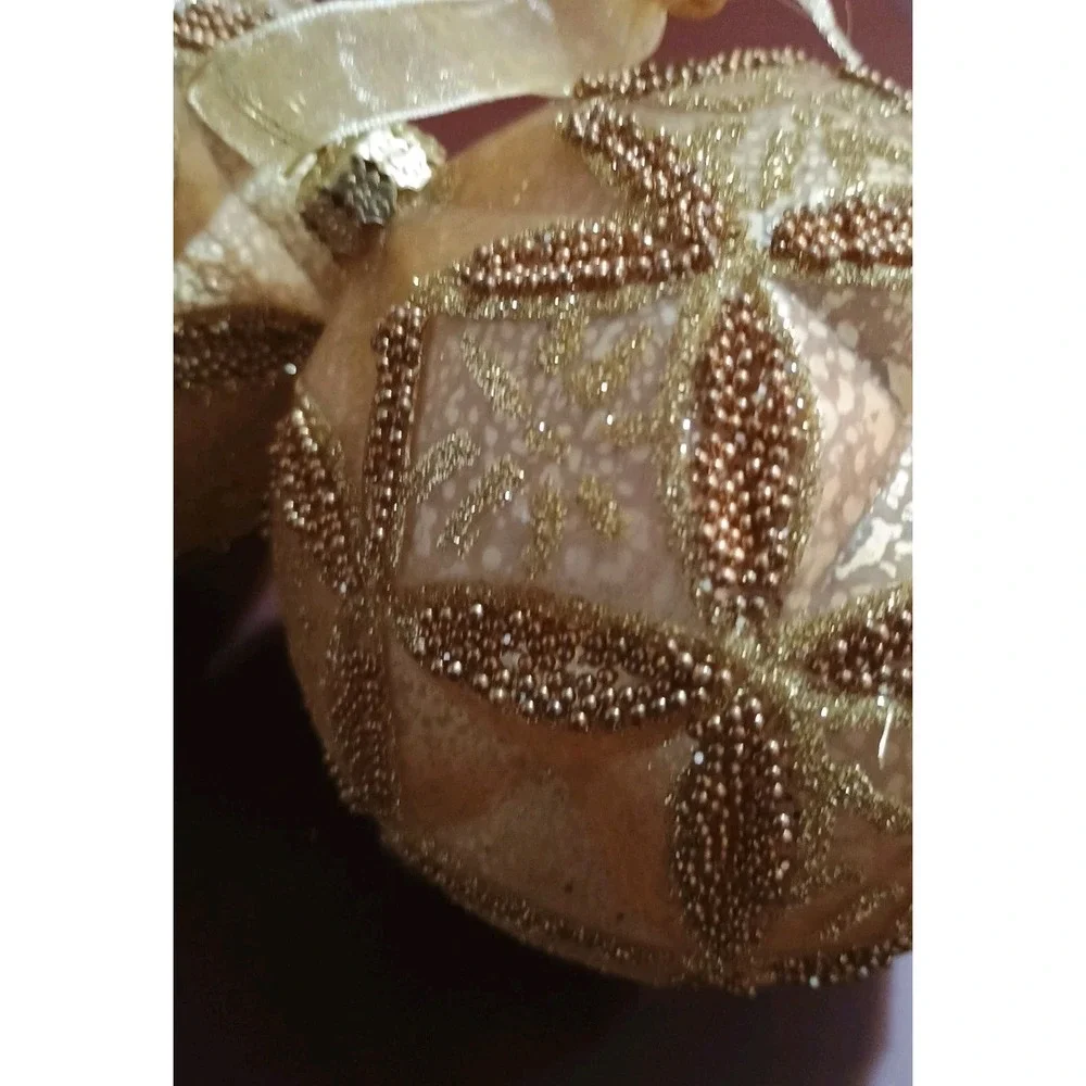 Pair Of Frontgate Large Christmas Gold Glitter‎ Beaded Round Ornaments 4.5